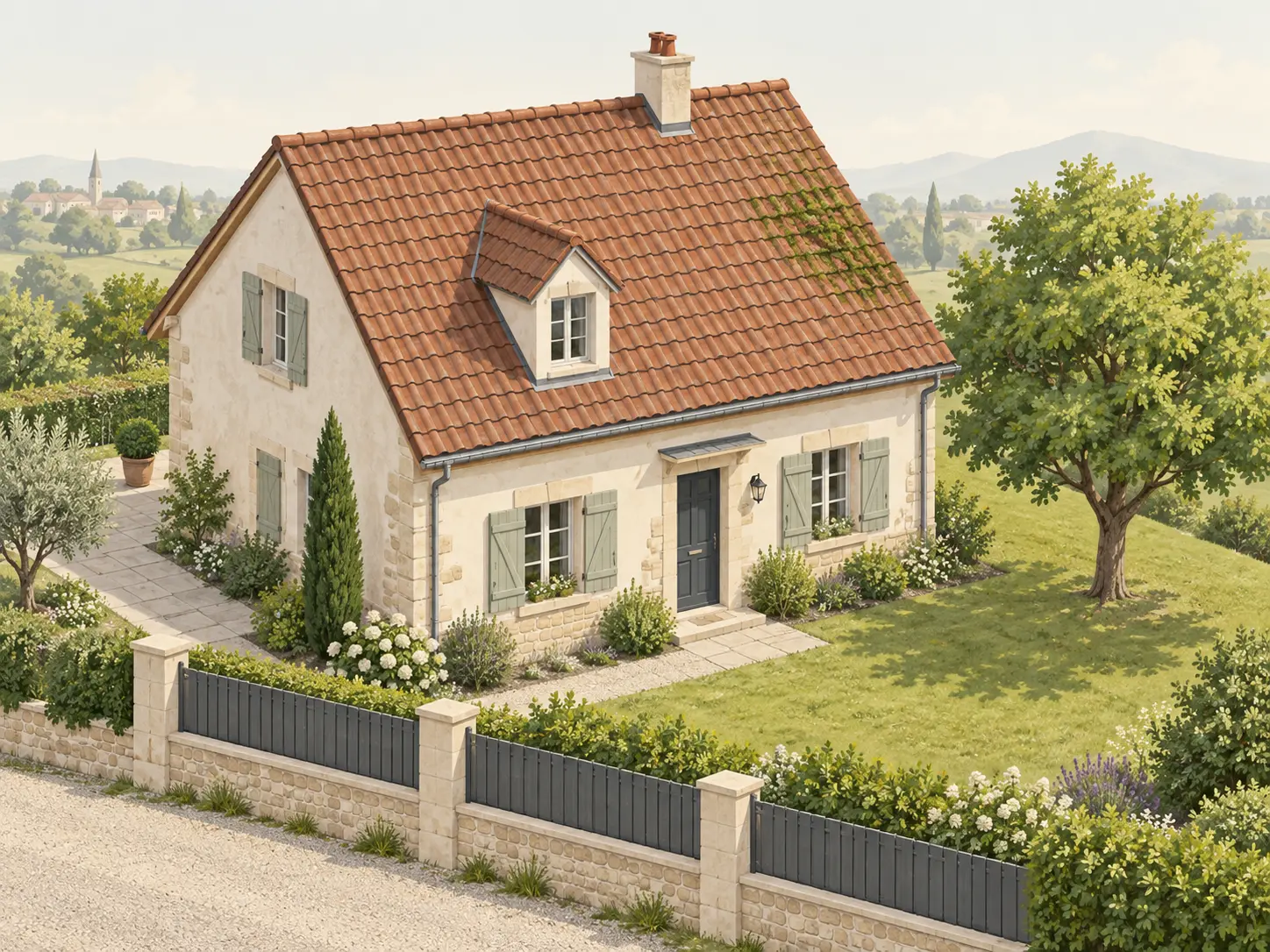 Illustration d'une maison avec une toiture en tuiles partiellement moussue, une façade, un arbre et une clôture